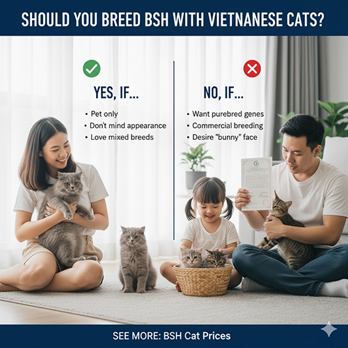 Gia đình Việt bên mèo Anh lông ngắn và mèo ta lai, minh họa cho bài viết tư vấn có nên phối hai giống mèo này hay không