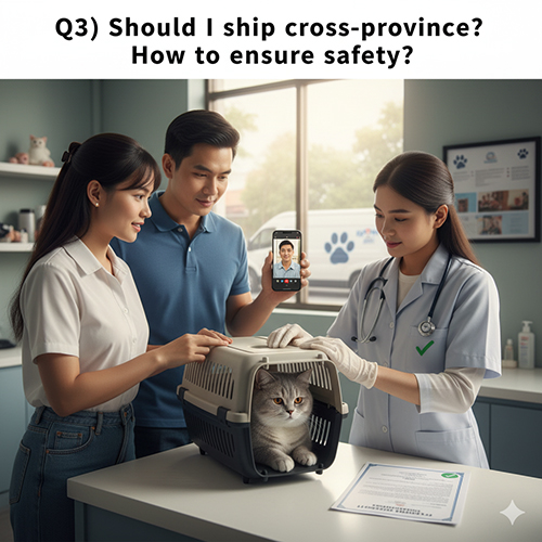 Cặp đôi giao mèo Anh cho bác sĩ thú y kiểm tra trước khi vận chuyển, minh họa cho hướng dẫn ship mèo Anh liên tỉnh an toàn