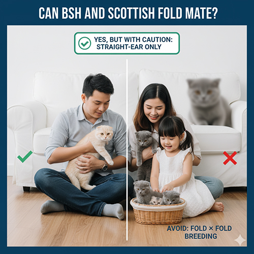 Gia đình vui vẻ ôm mèo Anh lông ngắn và mèo tai cụp, minh họa cho câu hỏi liệu hai giống British Shorthair và Scottish Fold có thể phối giống hay không