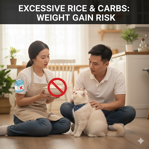 Mèo Anh lông ngắn ngồi trên sàn bếp, chủ cầm bát cơm có biểu tượng cấm đỏ trong khi người chồng đang vuốt ve mèo.