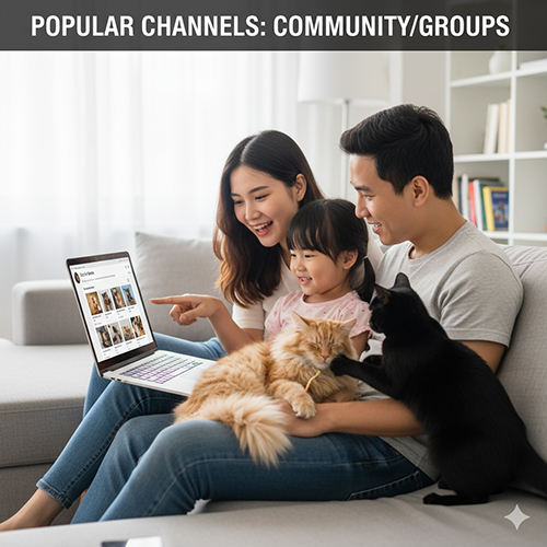 Gia đình xem trang hội nhóm mèo cảnh trên laptop cùng hai chú mèo, minh họa việc tìm mèo qua cộng đồng trực tuyến