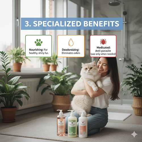 Ba công dụng chính của sữa tắm mèo Anh lông dài gồm dưỡng lông, khử mùi và trị ve rận nấm an toàn