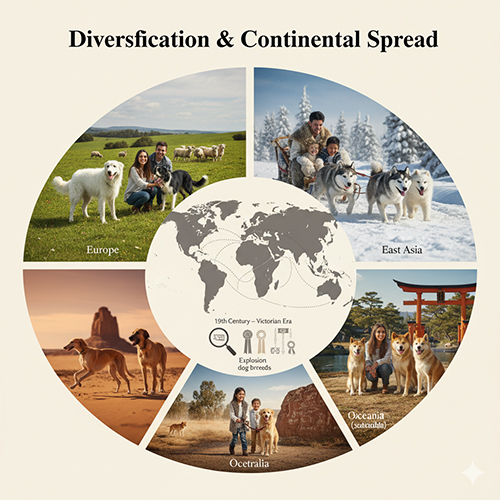 Bản đồ thế giới minh họa sự phân bố các giống chó theo vùng khí hậu và văn hóa.