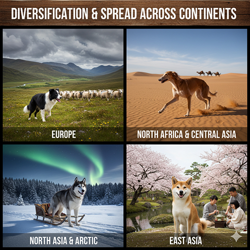 Đa dạng hóa & lan tỏa theo lục địa: sự hình thành các nhóm giống chó qua khí hậu, văn hóa và nhu cầu lao động khác nhau