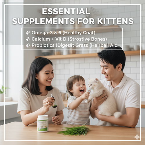 Gia đình cho mèo Anh lông dài con ăn bổ sung dưỡng chất với omega, canxi, vitamin D và probiotics để hỗ trợ tiêu hóa, xương và lông khỏe mạnh.