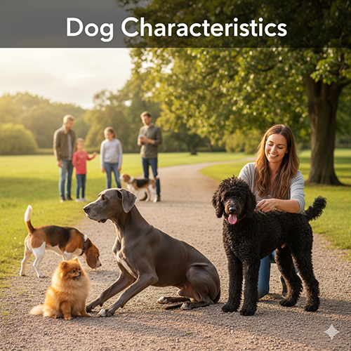 Đặc điểm loài chó: ảnh minh họa nhiều giống chó đa kích cỡ và tính cách trong công viên cùng gia đình