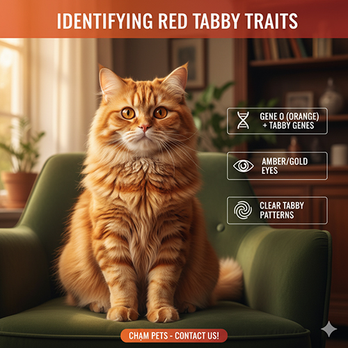 Đặc điểm mèo Anh lông dài màu vàng Red Tabby – bộ lông đỏ cam, mắt vàng hổ phách, hoa văn tabby rõ nét
