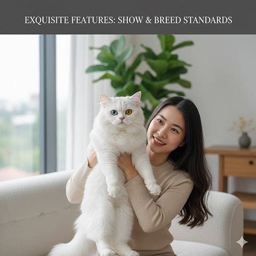 Mèo Anh lông dài trắng – ngoại hình tiêu chuẩn show/breed với bộ lông trắng tinh khôi, mắt tròn lớn và thân hình tròn trịa