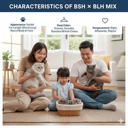 Gia đình chơi cùng mèo Anh lông ngắn và mèo Anh lông dài trong phòng khách, minh họa cho đặc điểm mèo con lai giữa hai giống British Shorthair và British Longhair