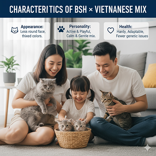 Gia đình Việt bên mèo Anh lông ngắn và mèo ta lai, minh họa cho đặc điểm ngoại hình, tính cách và sức khỏe của mèo con lai