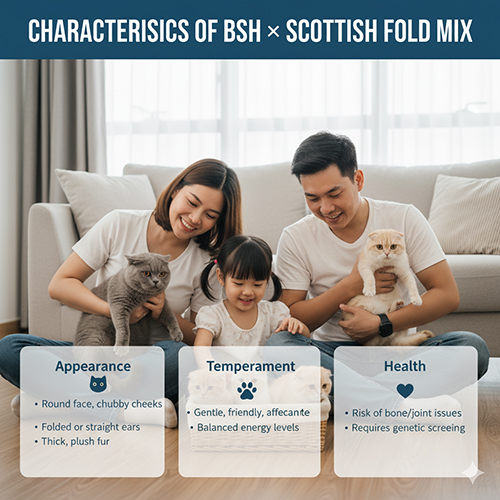 Gia đình cùng chơi với mèo Anh lông ngắn và mèo tai cụp trong phòng khách, minh họa cho đặc điểm mèo con lai giữa British Shorthair và Scottish Fold