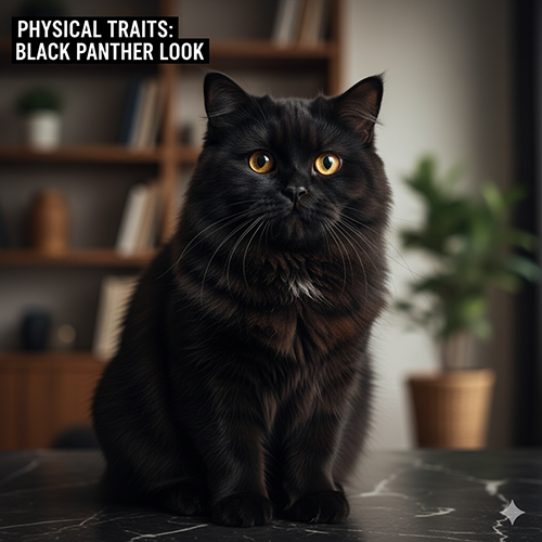 Đặc điểm ngoại hình mèo Anh lông dài đen với bộ lông đen tuyền bóng mượt và đôi mắt vàng đồng nổi bật