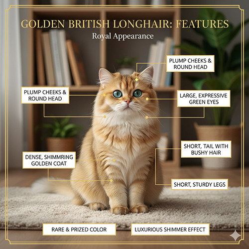 Đặc điểm ngoại hình mèo Anh lông dài Golden với bộ lông vàng ánh kim, mắt xanh ngọc và form British tròn trịa