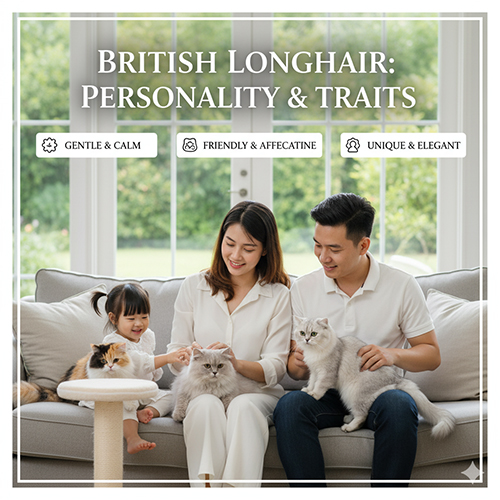 Đặc điểm tính cách mèo Anh lông dài màu hiếm – hiền lành, thân thiện và mang ý nghĩa phong thủy may mắn.