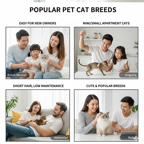 Bộ sưu tập hình ảnh các giống mèo cảnh phổ biến như British Shorthair, Singapura, Abyssinian và Ragdoll trong gia đình.
