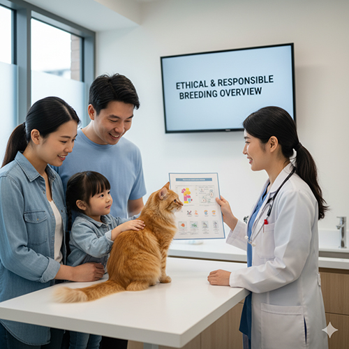 Bác sĩ thú y tư vấn cho gia đình về mèo giống màu cam trên bàn khám, minh họa chủ đề đạo đức và trách nhiệm trong việc cho mèo sinh sản