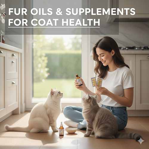 Mèo Anh lông ngắn ngồi trong bếp nhìn chủ cầm chai dầu cá và vỉ viên bổ sung omega-3 dành cho mèo.