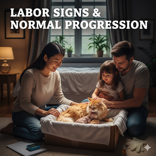 Gia đình quan sát mèo mẹ đang sinh con trong hộp đẻ, minh họa giai đoạn chuyển dạ và chăm sóc sau sinh của mèo