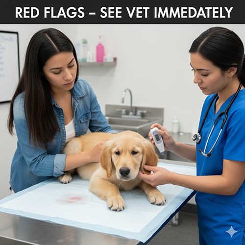 Bác sĩ thú y đang kiểm tra thân nhiệt cho chó con Golden Retriever trên bàn khám, với chủ đứng bên cạnh, minh họa dấu hiệu nguy hiểm cần đi khám ngay.