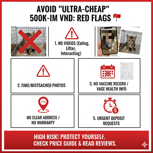 ảnh cảnh báo các dấu hiệu đỏ khi mua mèo con giá siêu rẻ 500k–1 triệu