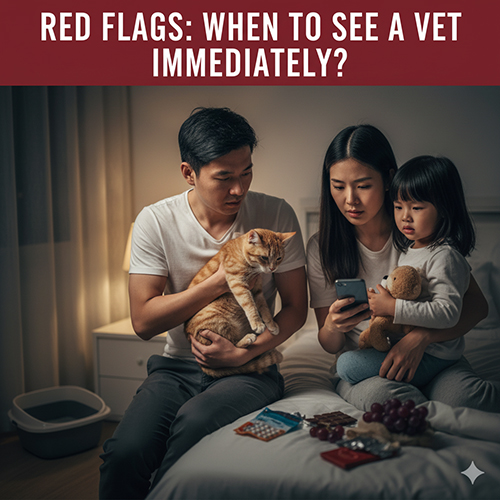 Gia đình lo lắng bên chú mèo ốm trong phòng ngủ buổi tối, minh họa cho các dấu hiệu cần đưa mèo đi thú y ngay