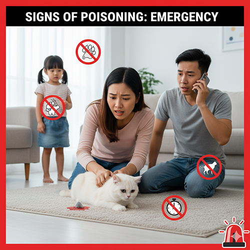 Gia đình hoảng hốt khi mèo Anh lông ngắn nằm mệt trên thảm, xung quanh có biểu tượng cảnh báo nôn ói, chất độc và gọi cấp cứu.