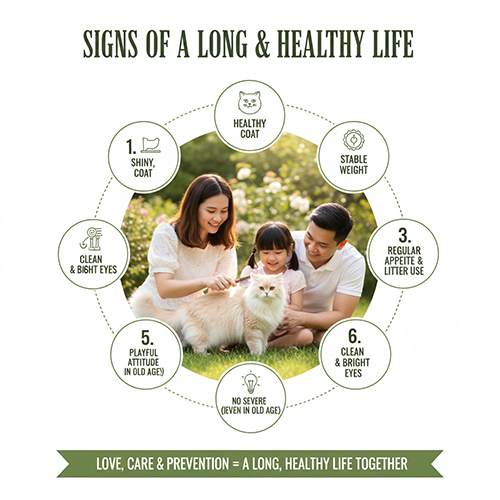 Gia đình cùng mèo Anh lông dài trong vườn hoa, minh họa các dấu hiệu mèo sống thọ và khỏe mạnh.