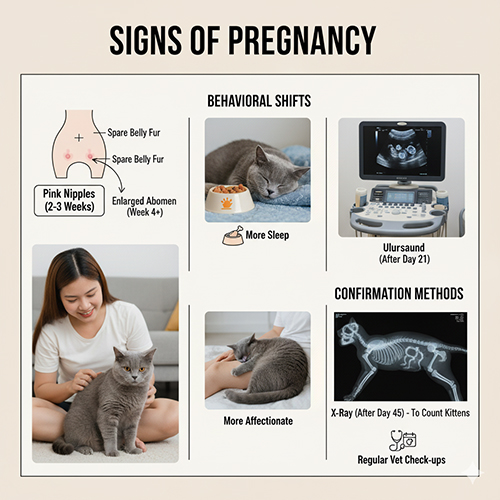 Infographic dấu hiệu mèo Anh lông ngắn mang thai với hình ảnh minh họa rõ ràng về thay đổi ngoại hình và hành vi
