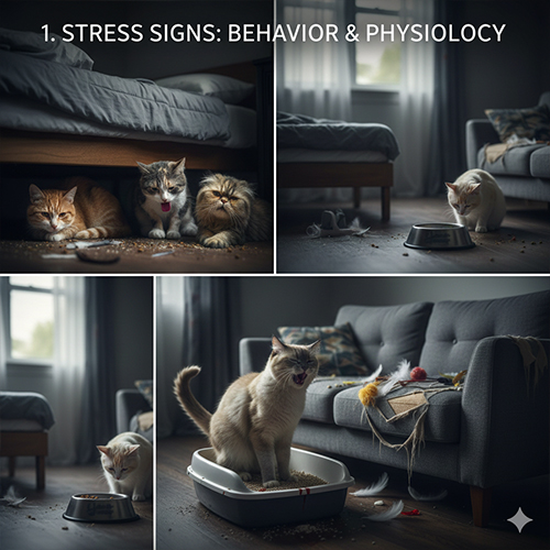 Mèo có biểu hiện stress như trốn kỹ, gầm gừ, bỏ ăn và rối loạn sinh lý trong không gian sống