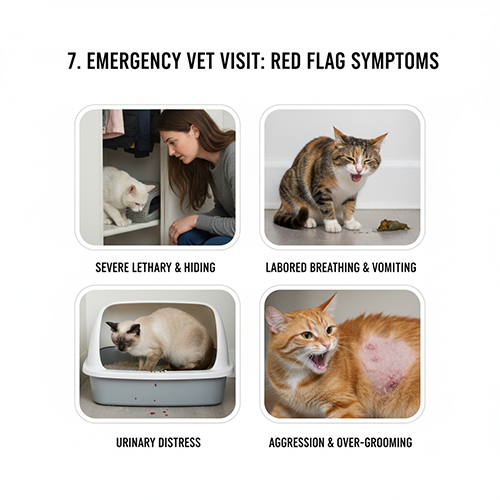 Những dấu hiệu nguy hiểm ở mèo như bỏ ăn, nôn ói, khó thở và rối loạn tiết niệu cần đi thú y ngay