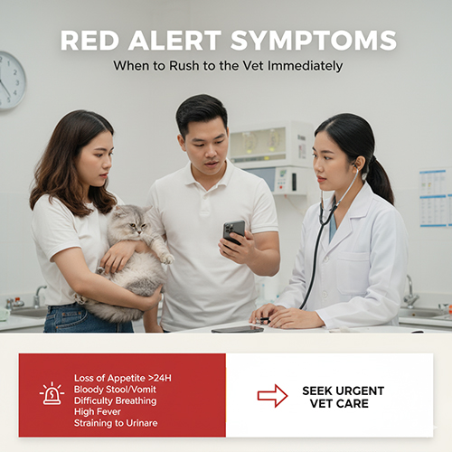 Bác sĩ thú y đang kiểm tra sức khỏe cho mèo Anh lông ngắn trong phòng khám khi chủ nhân lo lắng đứng bên cạnh, minh họa cho tình huống cần cấp cứu thú y