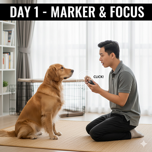 Ngày 1 huấn luyện chó – nạp marker và luyện tập Focus nhìn mắt