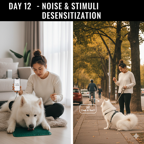 Ngày 12 huấn luyện chó – giải mẫn cảm với tiếng ồn và kích thích bên ngoài