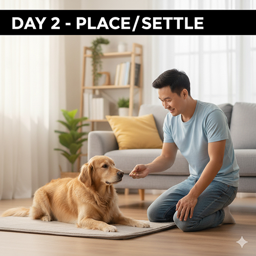 Ngày 2 huấn luyện chó – dạy vào thảm và nằm thư giãn theo lệnh Place/Settle