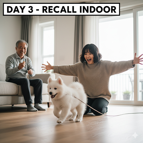 Ngày 3 huấn luyện chó – luyện phản xạ Recall trong nhà