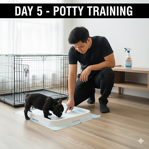 Ngày 5 huấn luyện chó – tập đi vệ sinh đúng chỗ theo lịch E–P–R