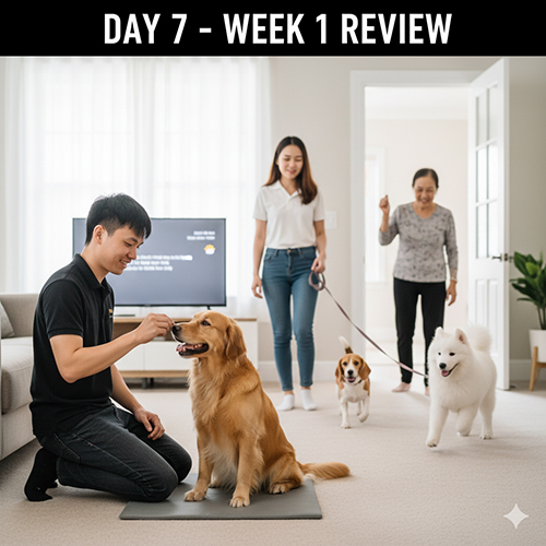 Ngày 7 huấn luyện chó – tổng ôn tuần 1: ghép Focus, Place, Recall và Leash