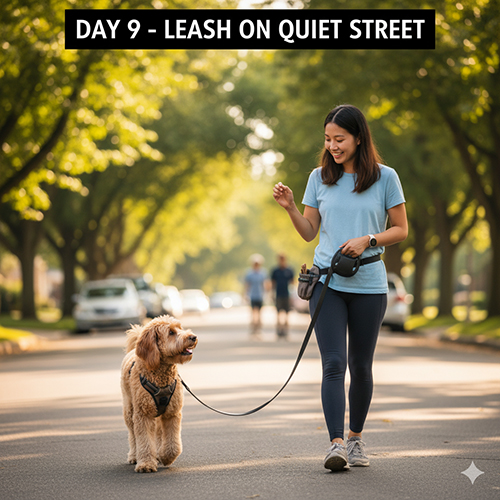 Ngày 9 huấn luyện chó – tập đi dây lỏng ngoài phố yên tĩnh