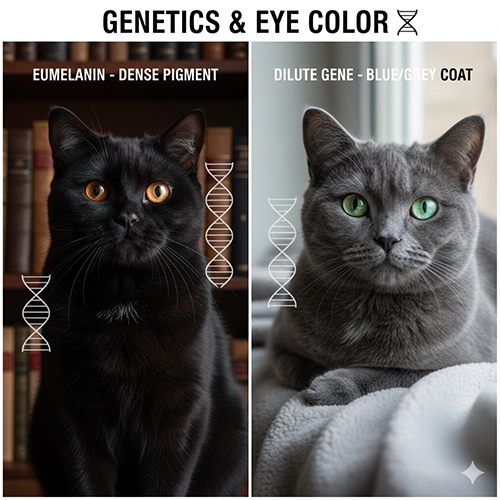 So sánh di truyền màu lông mèo đen eumelanin đậm và mèo xám xanh do gen pha loãng cùng màu mắt khác nhau