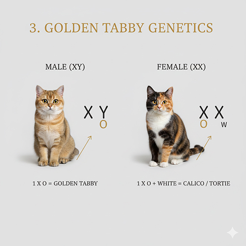 Minh họa di truyền gen màu vàng cam ở mèo đực và mèo cái tabby vàng