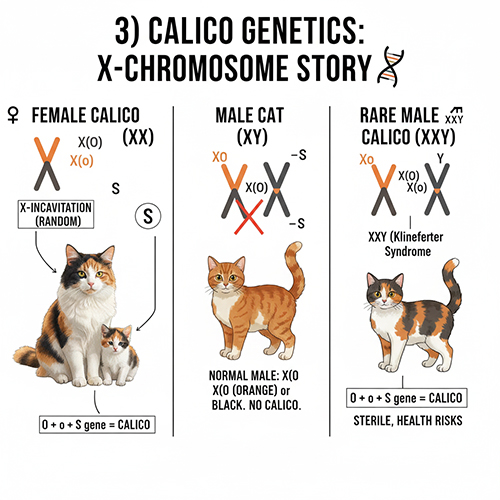Sơ đồ di truyền mèo tam thể calico liên quan đến nhiễm sắc thể X và gen O