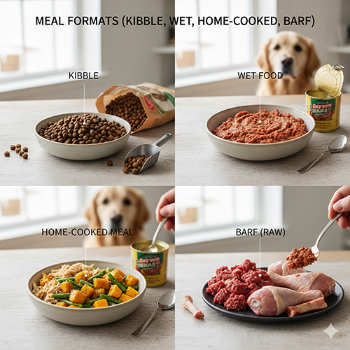 Bốn dạng bữa ăn cho chó gồm hạt khô, pate ướt, nấu chín tại nhà và BARF (thịt sống)