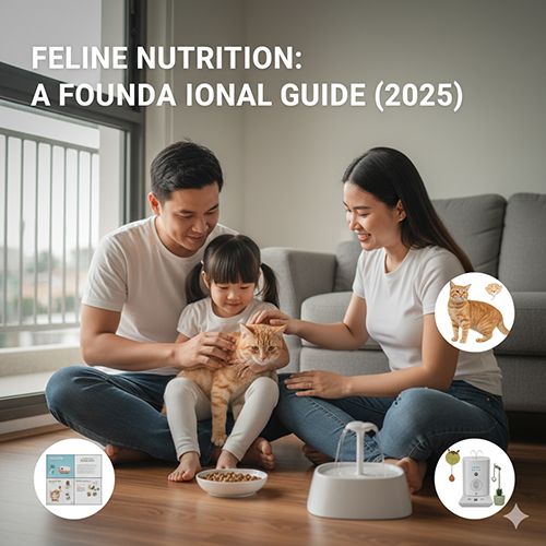 Gia đình trẻ đang cho mèo ăn trong căn hộ sáng sủa, biểu tượng minh họa thức ăn và máy cho ăn tự động, thể hiện chủ đề dinh dưỡng cho mèo.