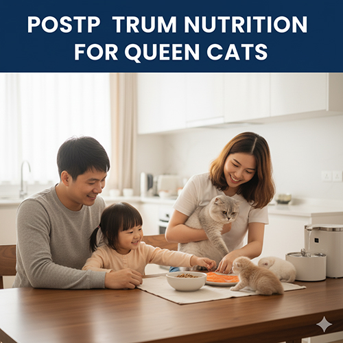 Gia đình Việt chuẩn bị bữa ăn cho mèo Anh lông ngắn mẹ và mèo con trên bàn bếp, minh họa chế độ dinh dưỡng sau sinh