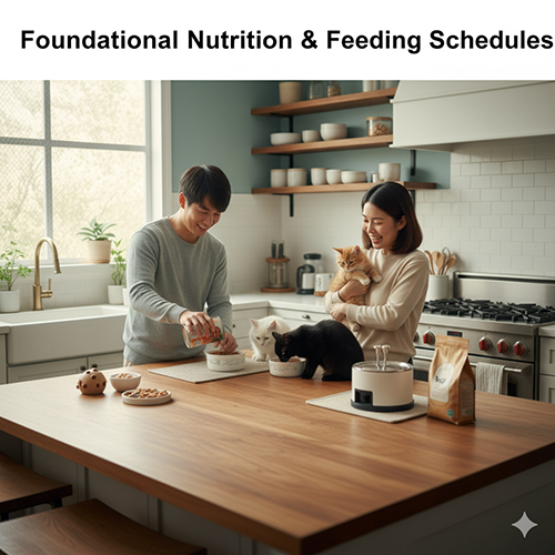 Gia đình cho mèo ăn trên bàn bếp, chuẩn bị bữa ăn ẩm và hạt khô theo lịch ăn khoa học