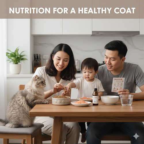 Gia đình cho mèo Anh lông dài ăn thức ăn giàu protein và dầu cá để giúp bộ lông mượt mà, khỏe mạnh và ít rụng.