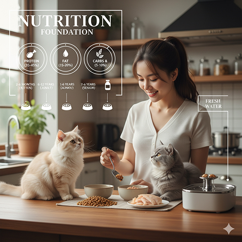 Cô gái cho hai mèo Anh lông dài ăn trong bếp, minh họa nền tảng dinh dưỡng cho mèo theo từng giai đoạn tuổi.