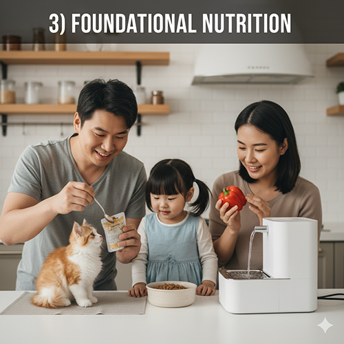 Dinh dưỡng nền tảng cho mèo: cần đạm động vật, taurine, vitamin A/D; kết hợp hạt khô, pate ẩm và nước sạch 24/7.