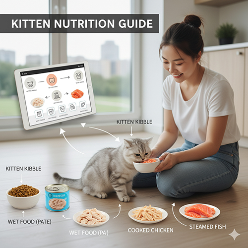 Cô gái cho mèo Anh lông ngắn con ăn, xung quanh là các loại thức ăn như hạt, pate, thịt gà luộc và cá hồi hấp, minh họa chế độ dinh dưỡng cho mèo con