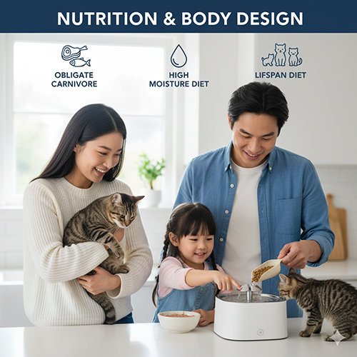 Gia đình chuẩn bị thức ăn cho mèo trong bếp, với hai chú mèo đang chờ ăn vui vẻ.
